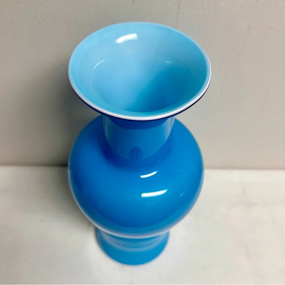 Mid-Century Cased Turquoise Blue Opaline Ginger Jar Blown Glass Tall Vase 14”H